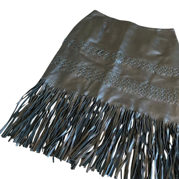 Paolo Santini Black Leather Skirt Fringe Fitted Bohemian Luxury Size 6 Women's - Picture 8 of 10